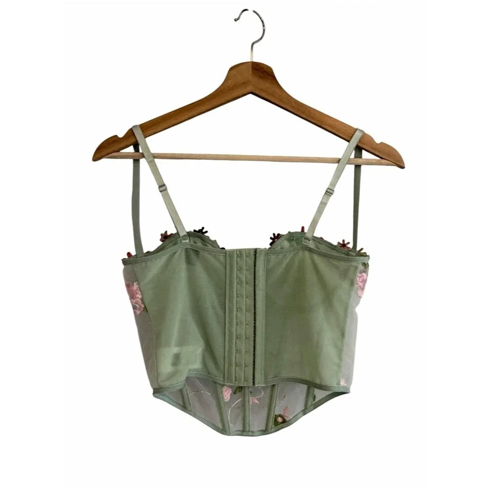 Womens Sheer Floral Embroidered Fairy Bustier Top Size S Coquette Festival Boho